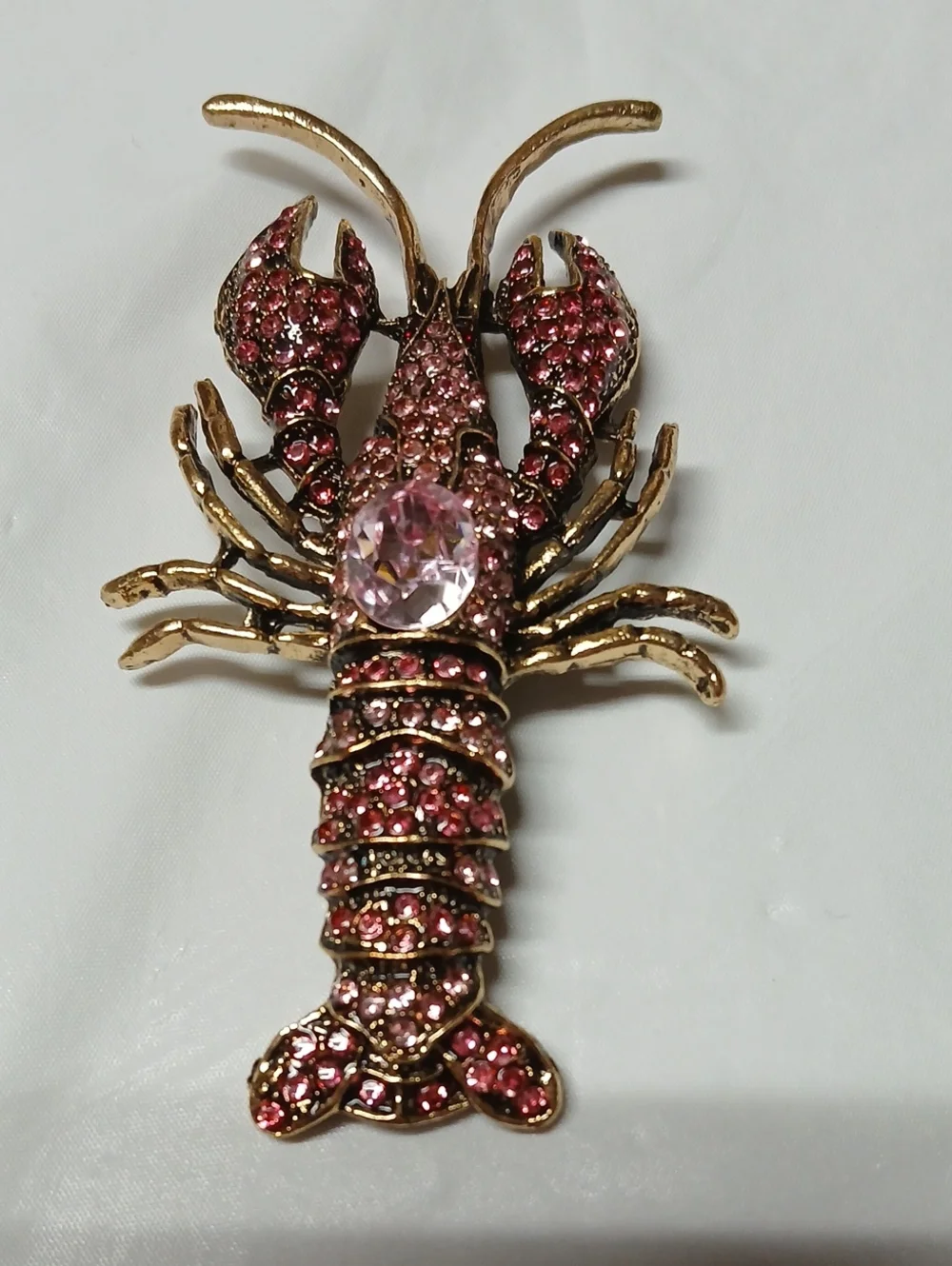 Large Lobster Brooch Pin Goldtone Metal Encrusted w/ Pink Crystals RARE Jewelry